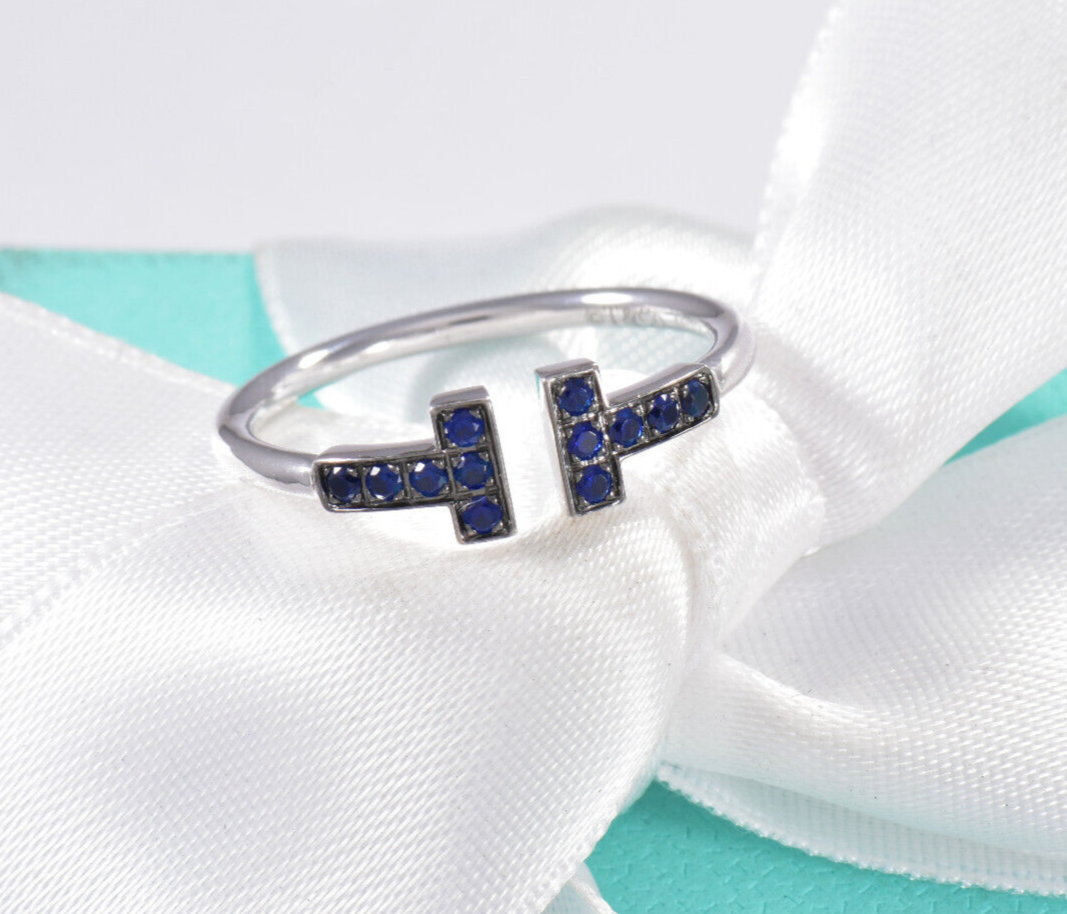 Tiffany & Co Blue Sapphire 18K White Gold T Square Wire Ring Size 8 in Box Pouch