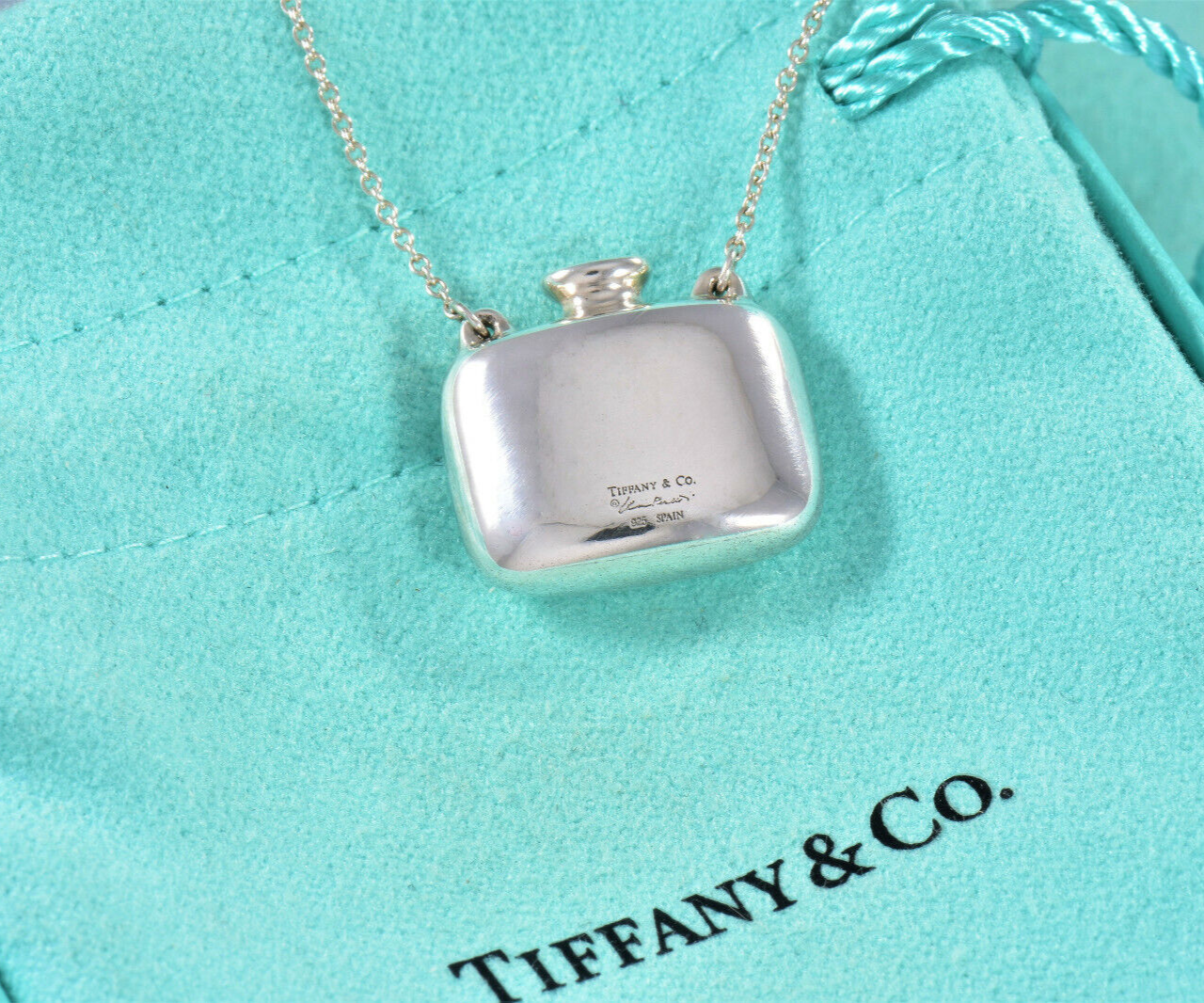 Tiffany & Co Silver Elsa Peretti Square Bottle Pendant 25" Necklace & Pouch Rare
