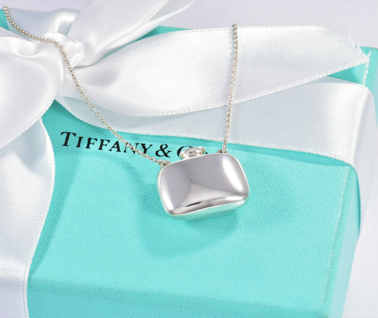 Tiffany & Co Silver Elsa Peretti Square Bottle Pendant 25" Necklace & Pouch Rare