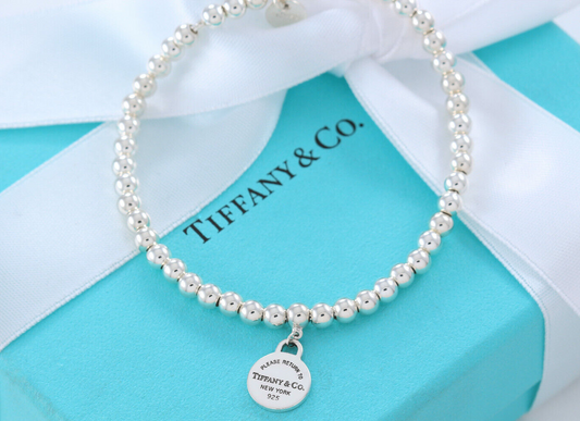 7.5" Please Return To Tiffany & Co Silver Round Tag Charm Circle Bead Bracelet