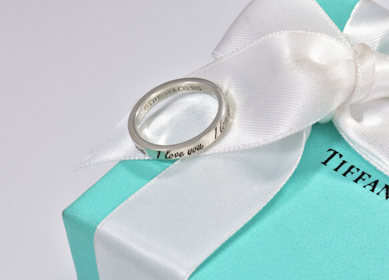 Size 9 Tiffany & Co Sterling Silver I Love You Notes Narrow Band Ring in Pouch