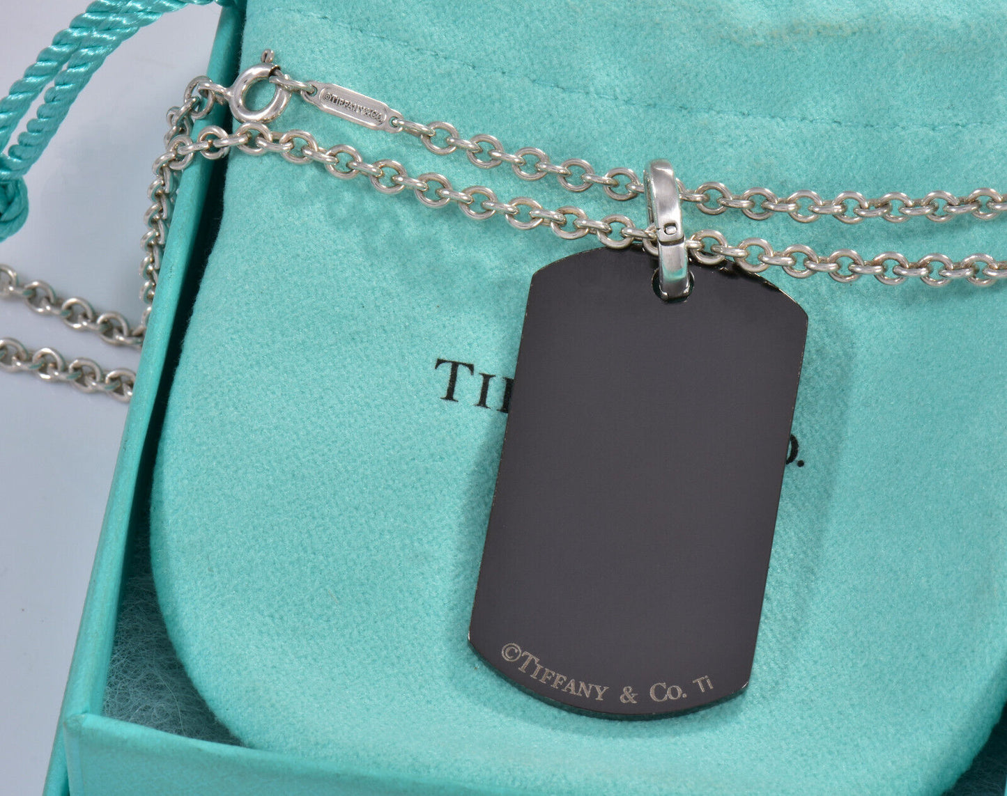 24" Tiffany & Co Silver Titanium Large DogTag Pendant Necklace in Box Pouch Men