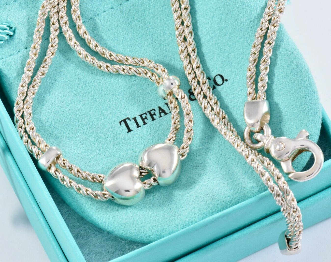 Tiffany & Co Italy Silver Double Heart Rope Chain Necklace 16.5" Chain in Pouch