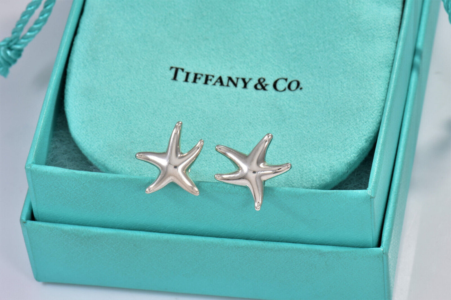 Tiffany & Co Silver Elsa Peretti 17mm Starfish Stud Earrings with Box and Pouch