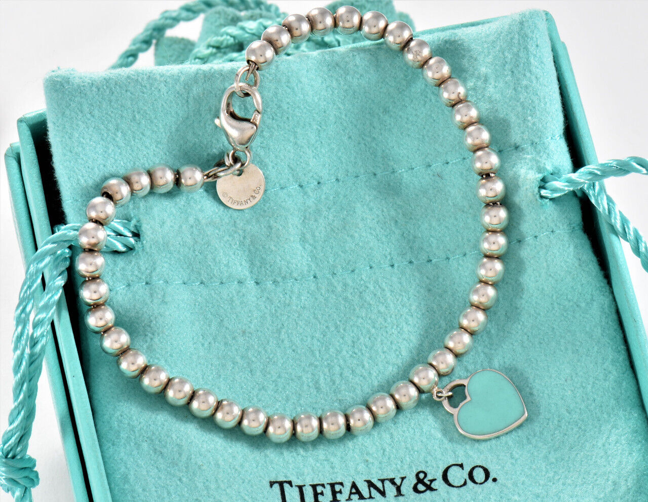 Please Return To Tiffany & Co Silver Blue Enamel Heart Charm Bead 7.7" Bracelet