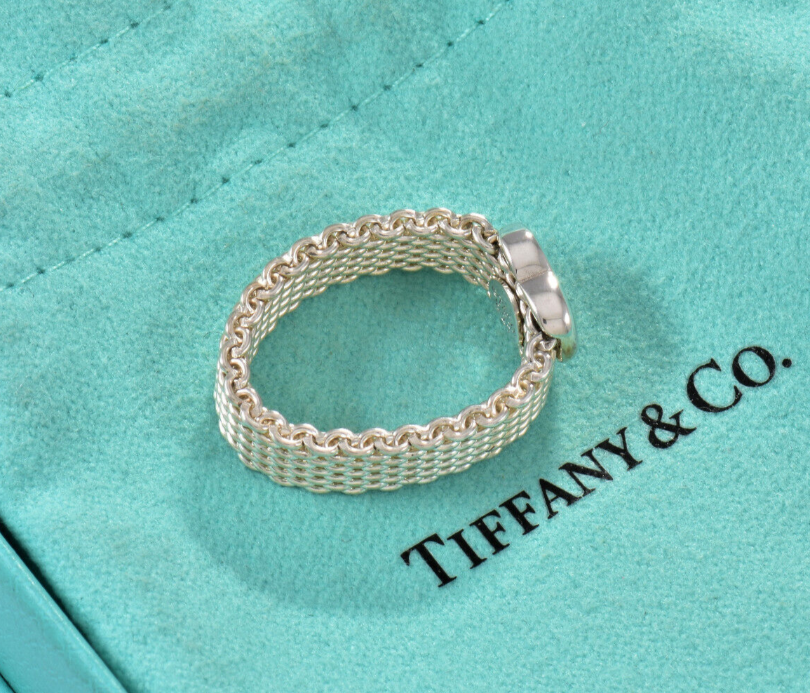 Size 8 Tiffany & Co Sterling Silver Heart Mesh Love Ring in Pouch Rare Lovely