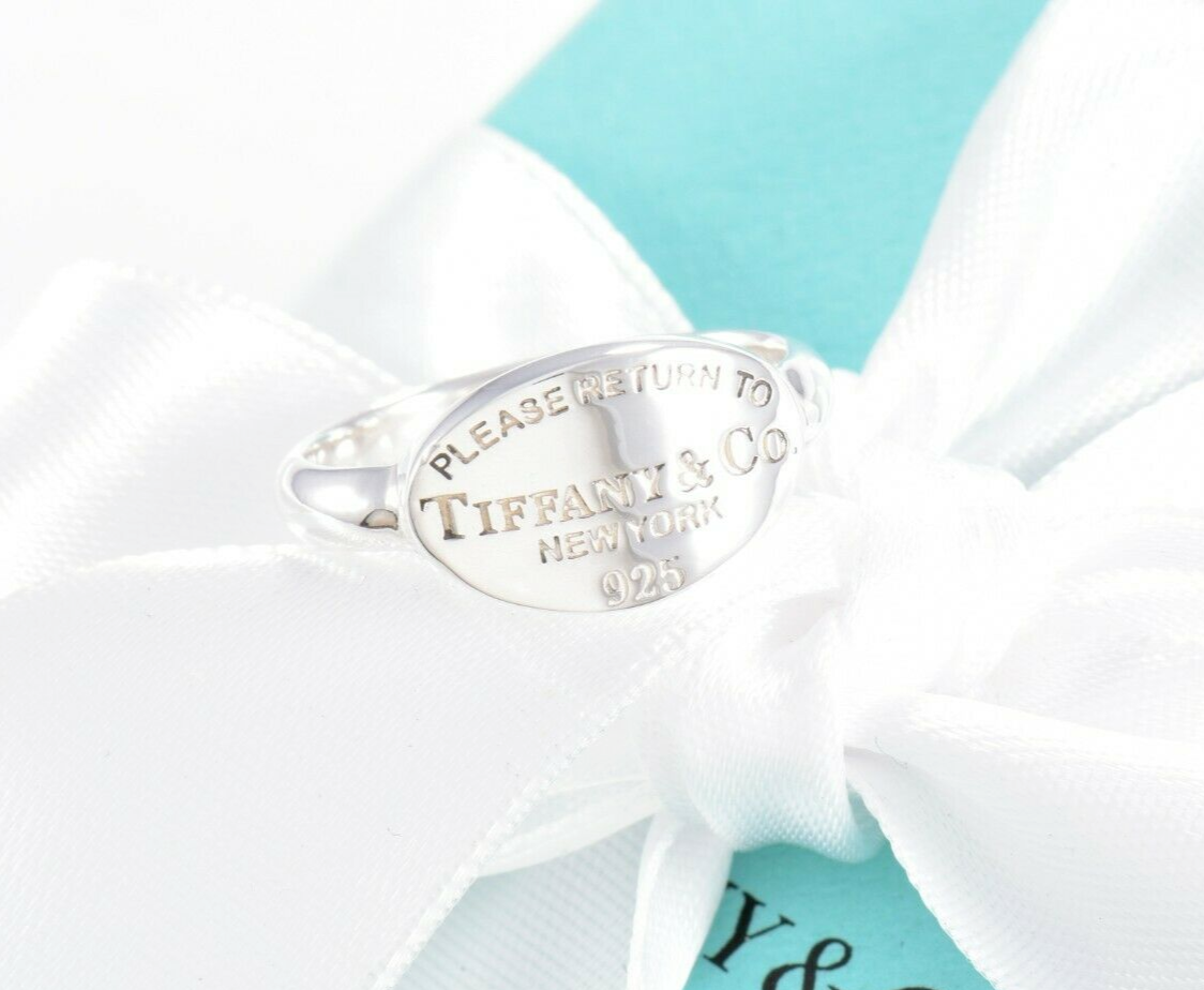 Size 5.5 Please Return To Tiffany & Co Silver Oval Signet Band Ring & Pouch Rare