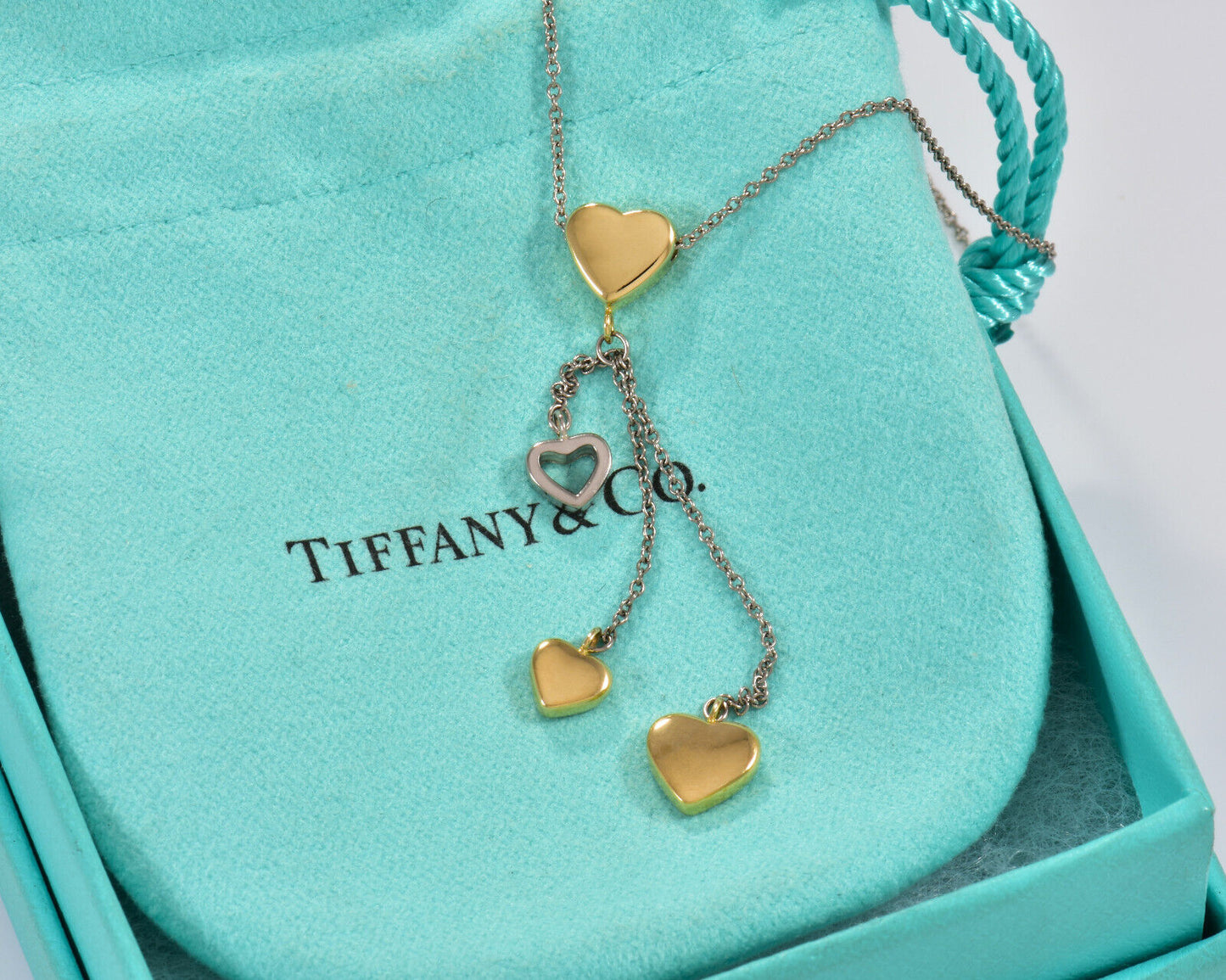 Tiffany & Co 18K Yellow White Gold Heart Drop Pendant Dangle Necklace in Box