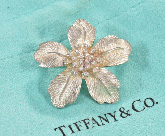 Vintage Tiffany & Co Silver Flower Petal Bloom Brooch in Pouch Rare Elegant Pin