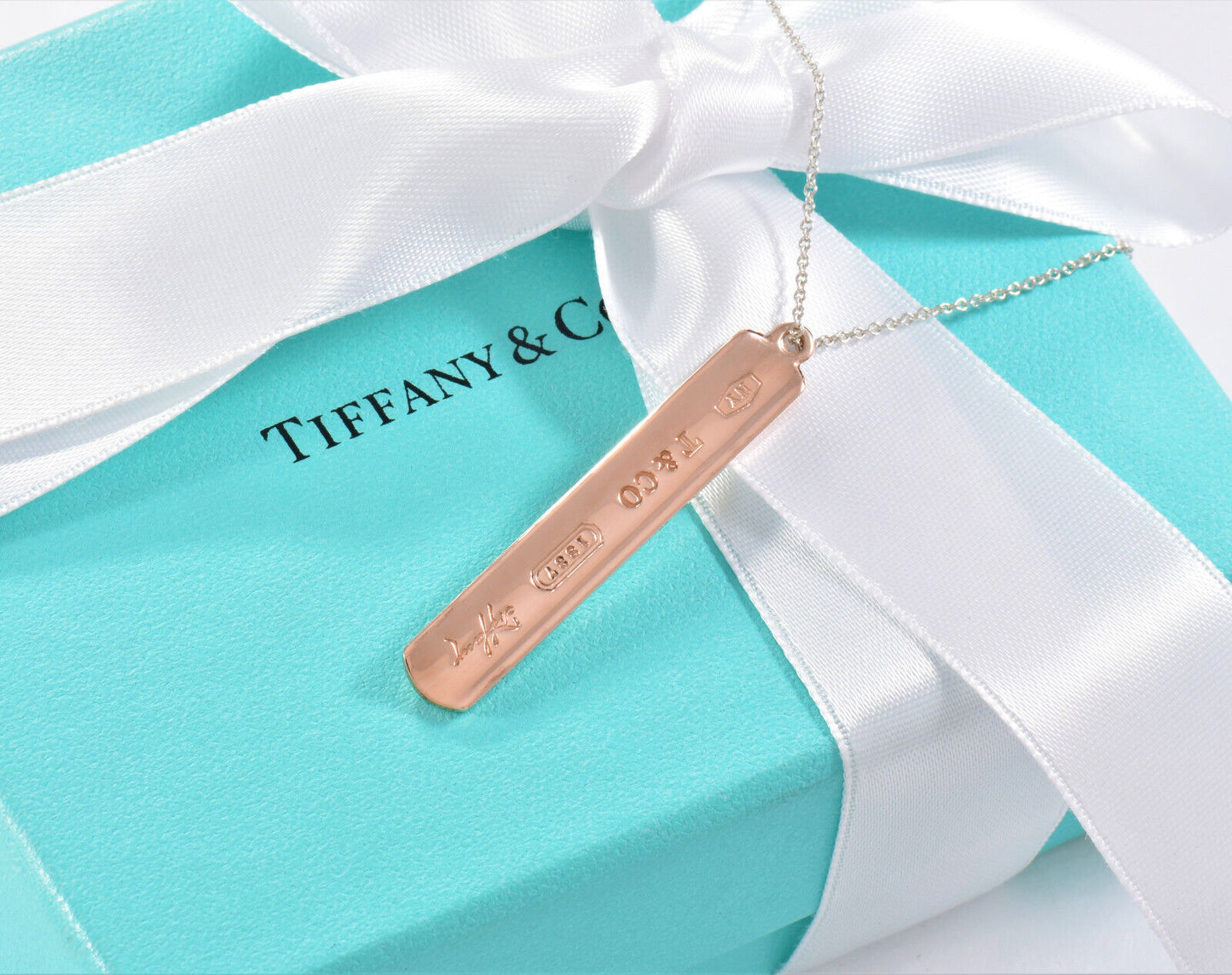 24" Tiffany & Co Rubedo Gold Silver 1837 Large Bar Pendant Necklace in Box Pouch