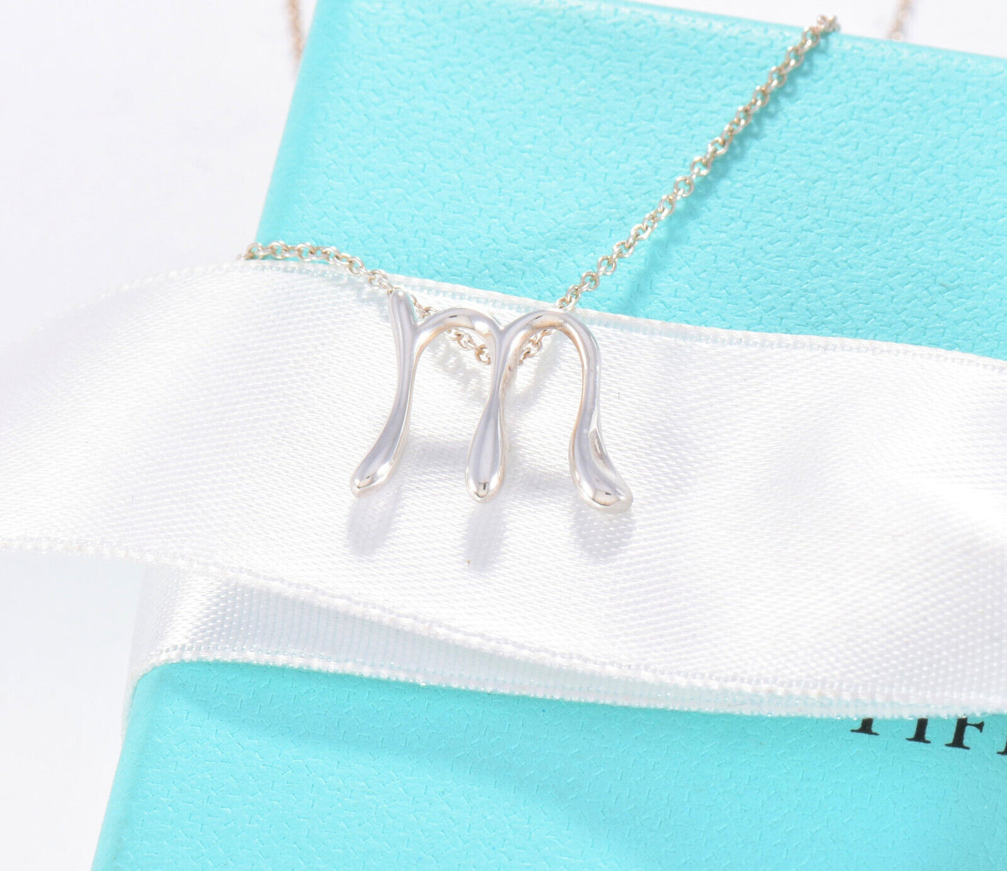 Tiffany & Co Silver Elsa Peretti Alphabet Letter M Necklace in Box Pouch Lovely