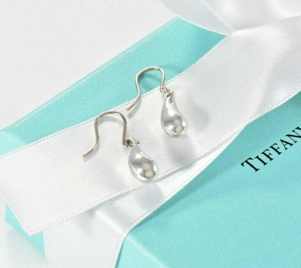 Tiffany & Co Silver Elsa Peretti Dangling Teardrop Hook Earrings in Box Pouch