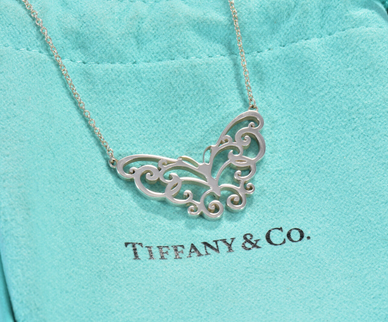 Tiffany & Co Sterling Silver Enchant Butterfly Pendant 15.75" Necklace in Pouch