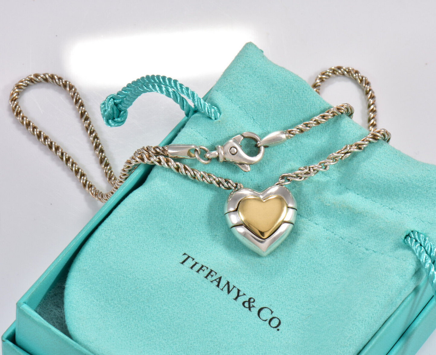 Vintage Tiffany & Co Italy Gold Silver Heart Puzzle Pendant Necklace Rare Rope