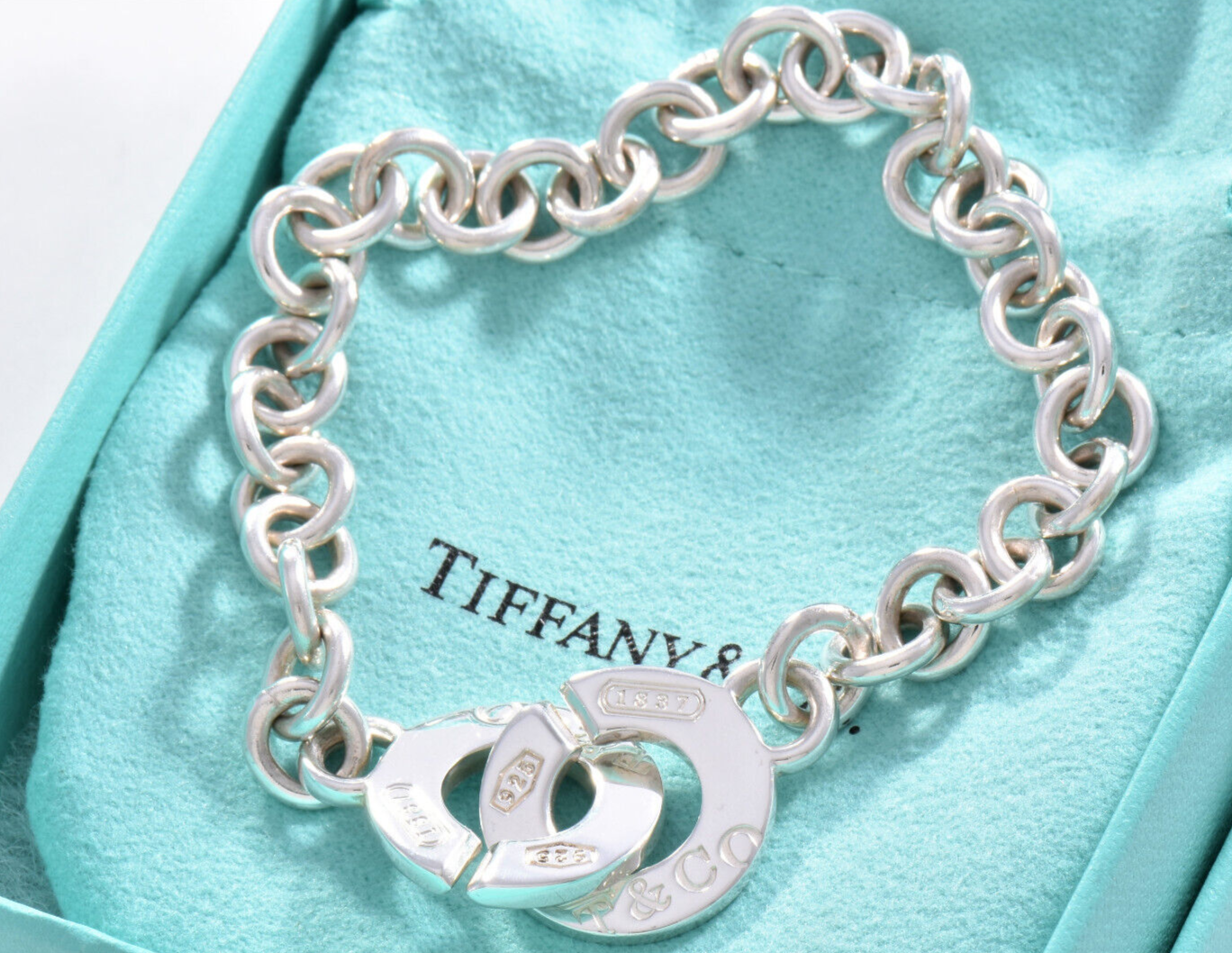 8" Tiffany & Co Sterling Silver 1837 Interlocking Toggle Bracelet in Pouch Rare