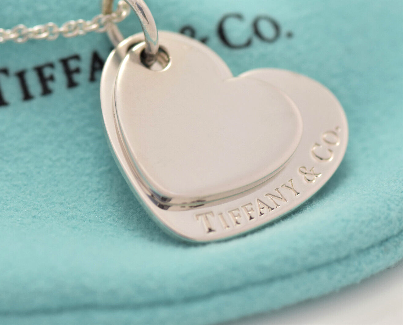 Tiffany & Co Silver Double Heart Tag Two Pendant Necklace 18.25" Chain in Pouch