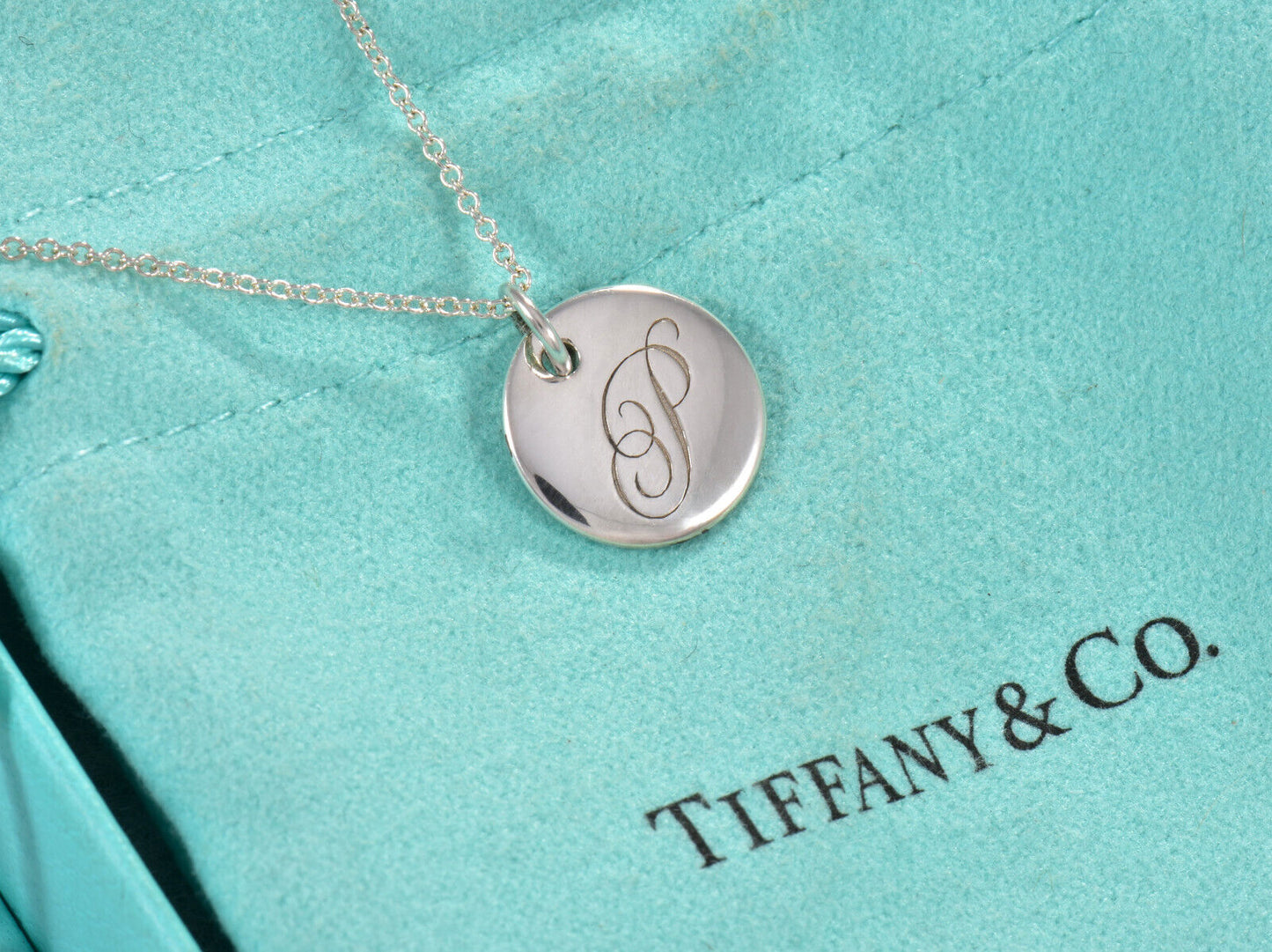 Tiffany & Co Silver Letter P Cursive Circle Pendant 17" Necklace in Box Pouch