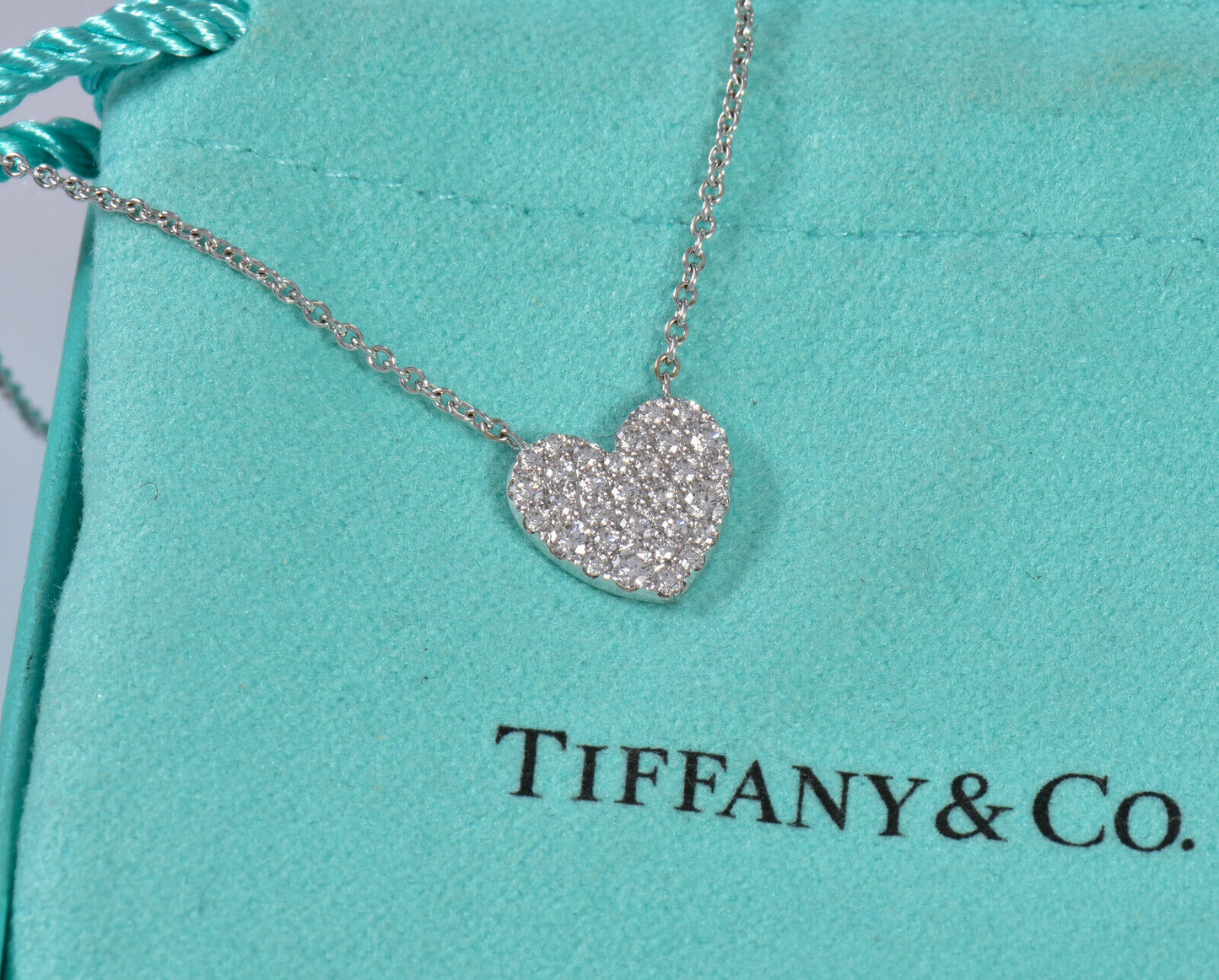 Tiffany & Co Diamond 18K White Gold Large Metro Heart Pendant Necklace Pave Rare