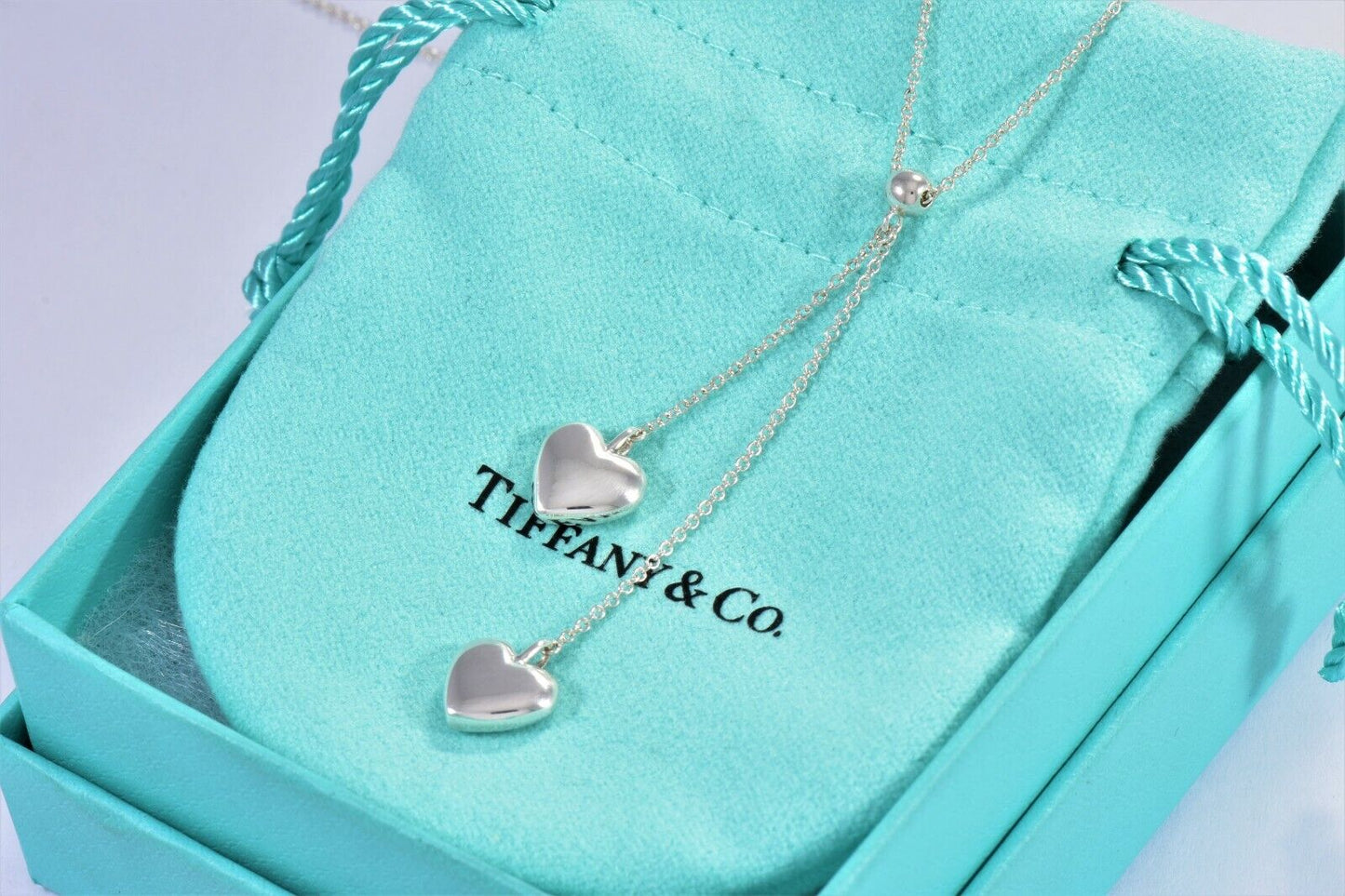 Boxed Tiffany & Co Silver Double Puff Heart Bead Drop Pendant Necklace Dangle