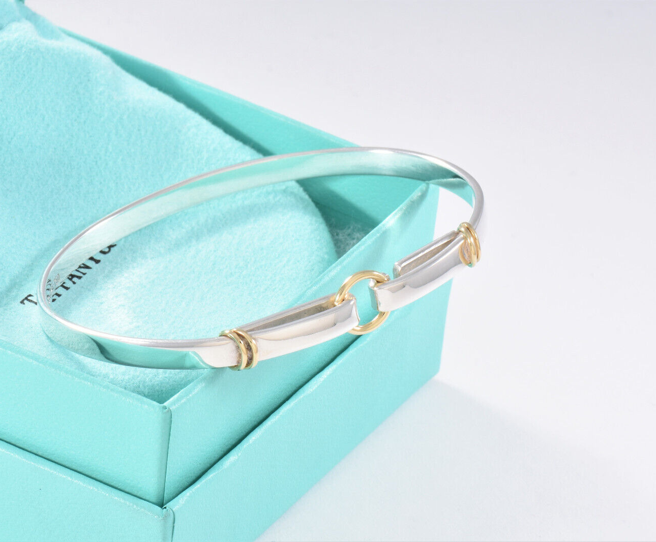 Tiffany & Co Silver 18K Gold Circle Loop Ring Hook 6.75" Bracelet in Box Pouch