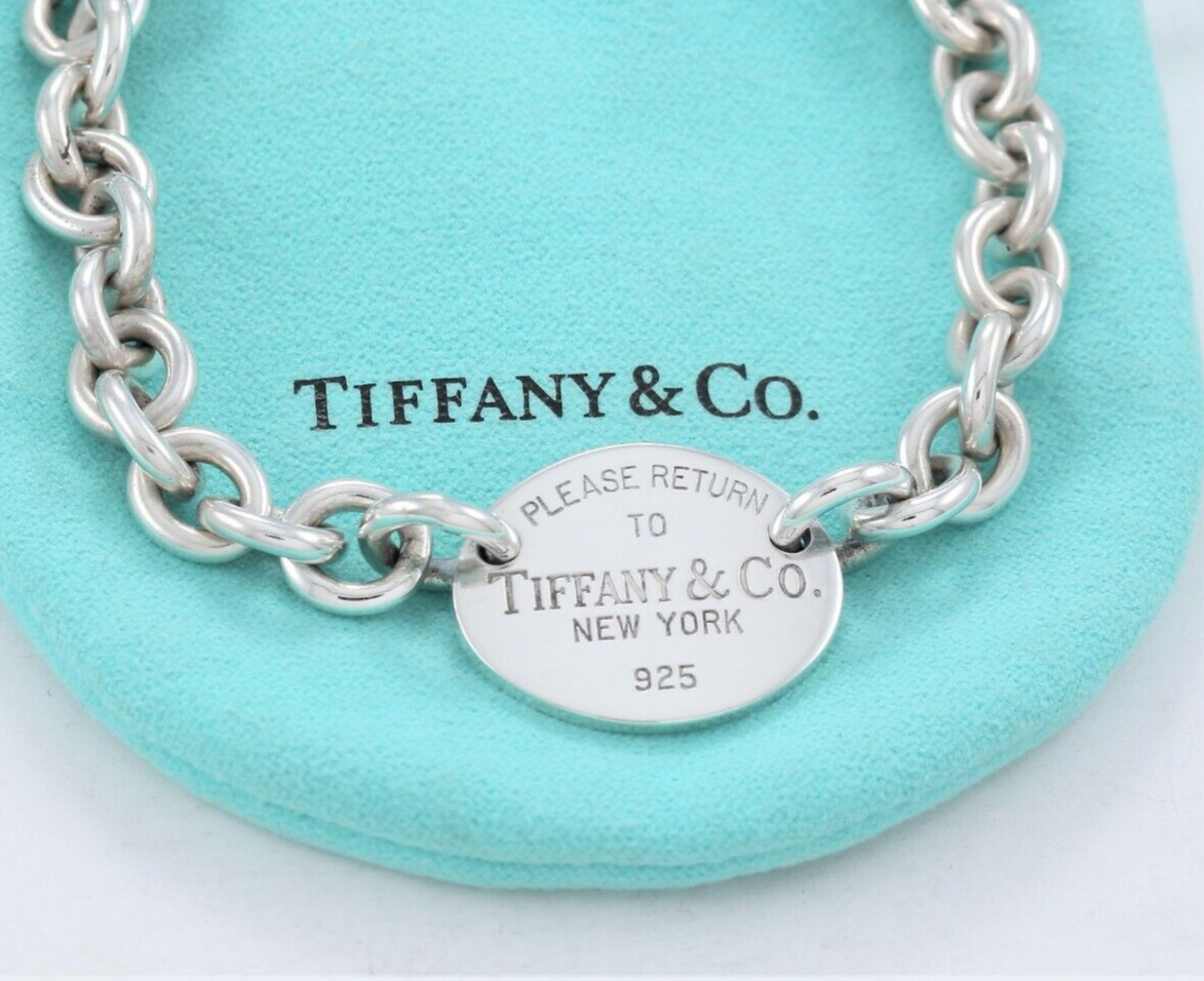 7.85" Please Return To Tiffany & Co Silver Oval Charm Chain Link Bracelet Pouch