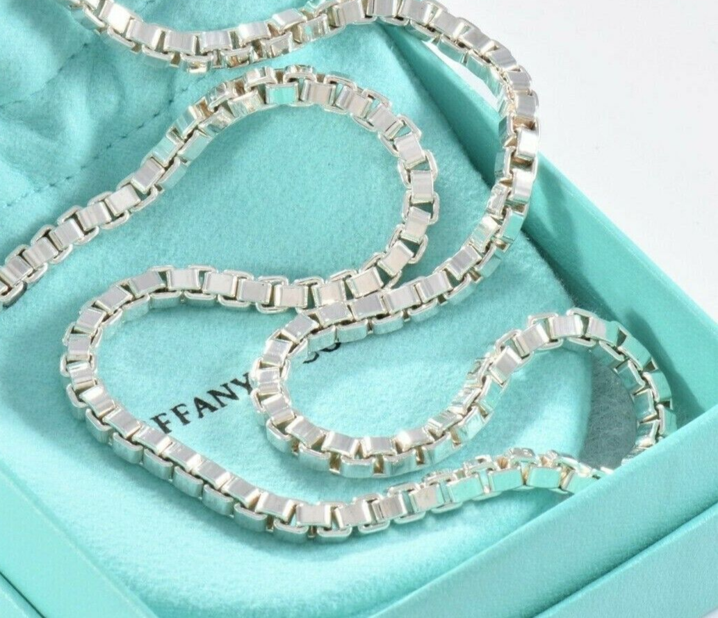 16.2" Tiffany & Co Silver Venetian Box Link Necklace in Pouch Mens Gift Unisex