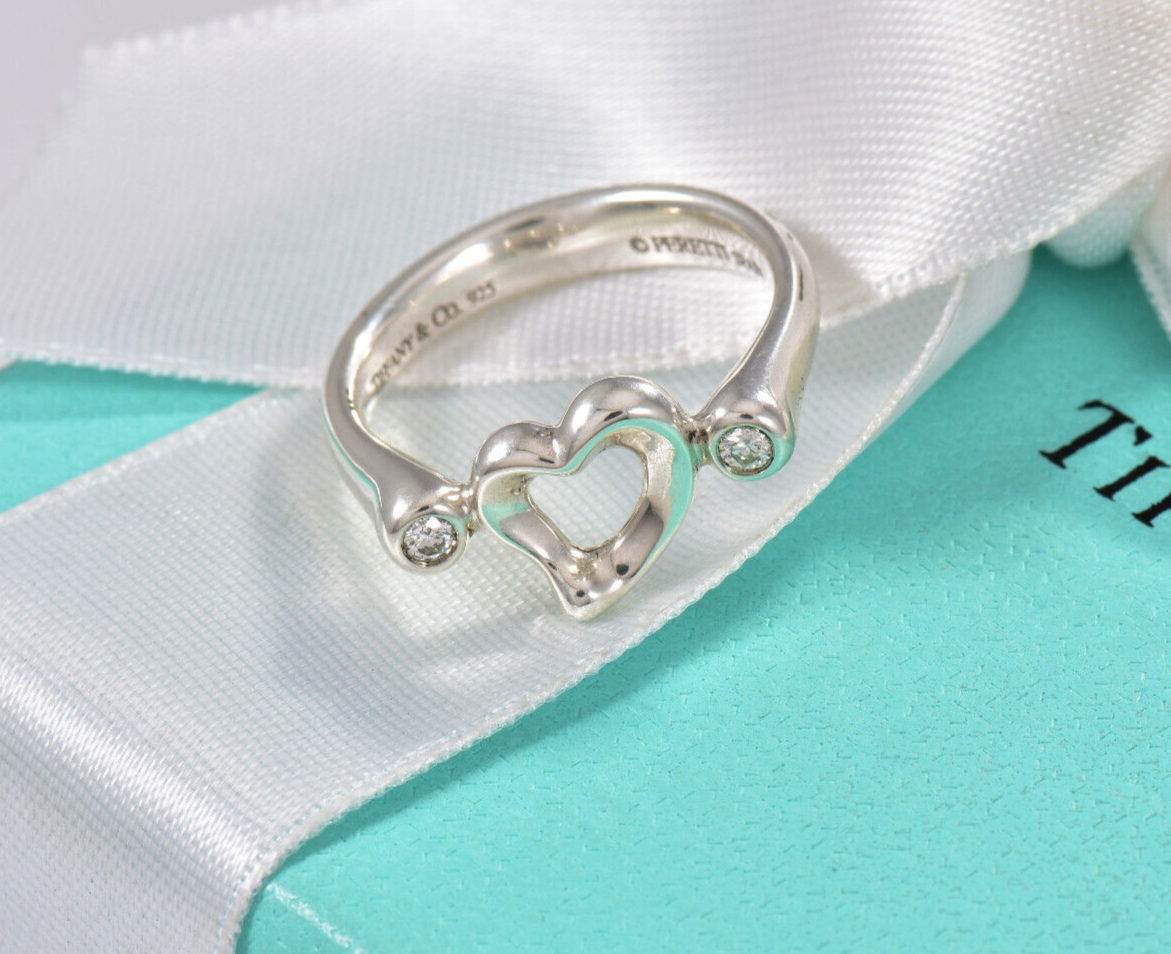 Size 5.5 Tiffany & Co Diamond Silver Elsa Peretti Open Heart Ring in Box Pouch