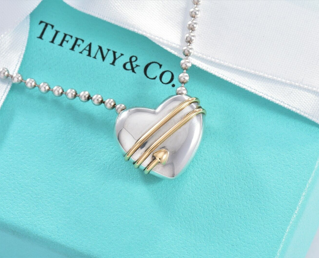 Vintage 1994 Tiffany & Co 18k Gold Silver Heart Arrow Pendant Bead Necklace Rare