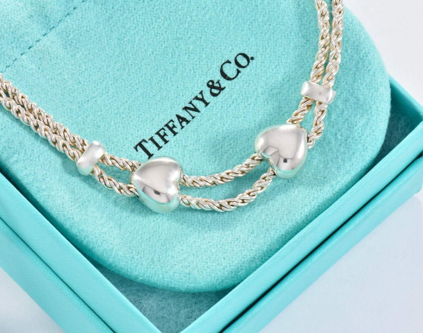 Tiffany & Co Italy Silver Double Heart Rope Chain Necklace 16.5" Chain in Pouch