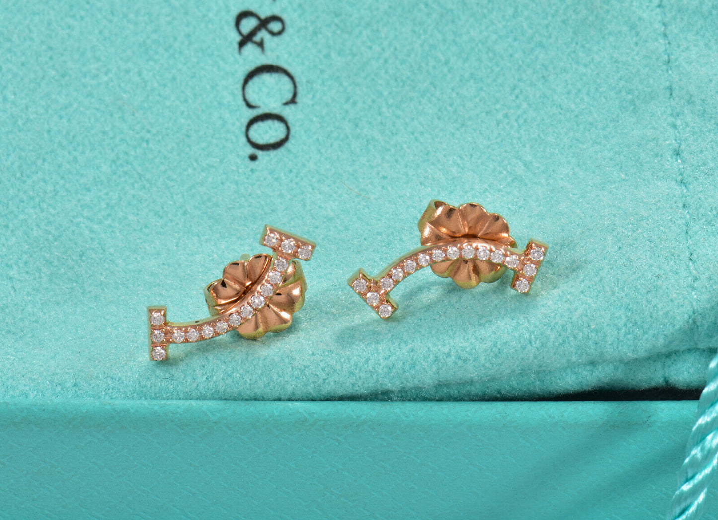 Tiffany & Co Diamond 18K Rose Gold Smile Earrings in Box Pouch Ribbon Studs Love