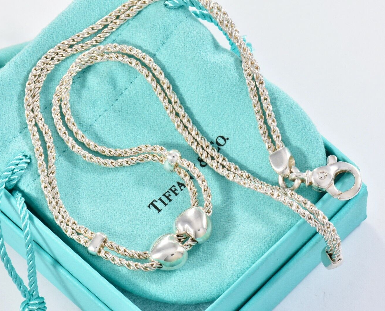 Tiffany & Co Italy Silver Double Heart Rope Chain Necklace 16.5" Chain in Pouch