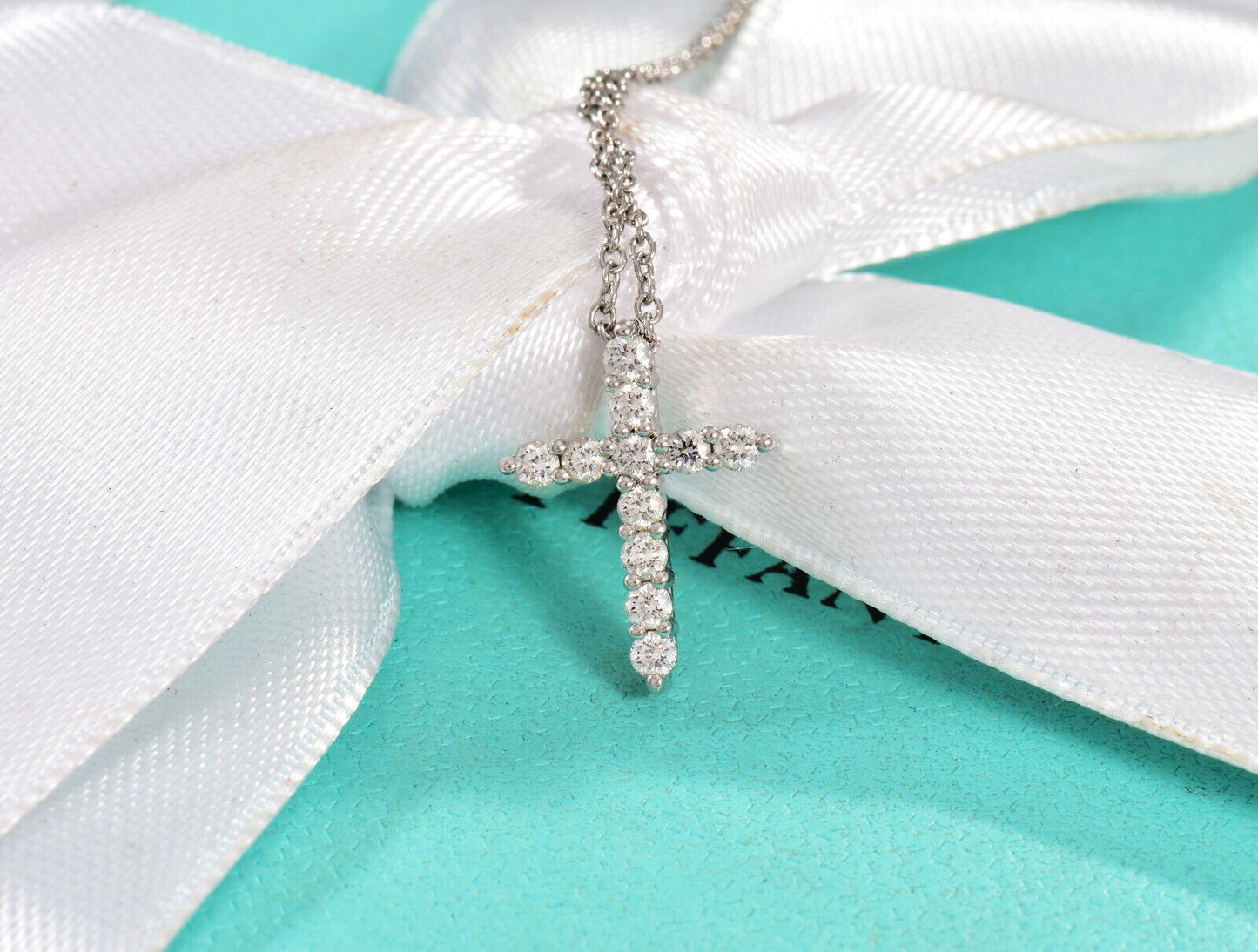 Tiffany & Co .21ct Diamond Platinum Cross Pendant 16.25" Necklace in Box Pouch