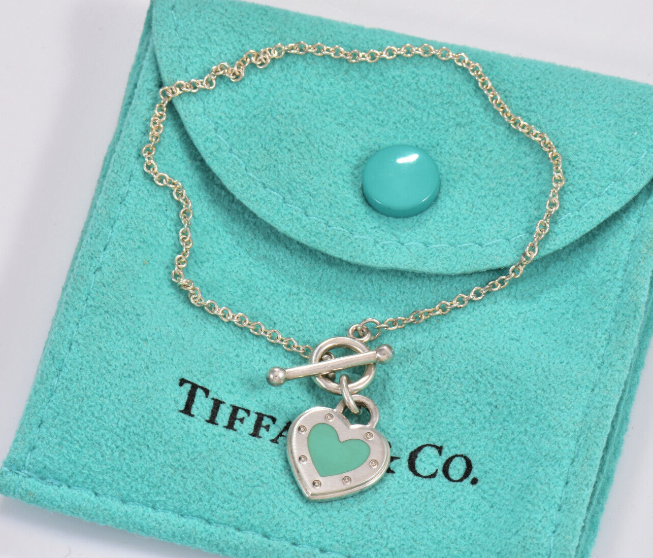 6.75" Return To Tiffany & Co Silver Blue Enamel Heart Charm Toggle Bracelet Box