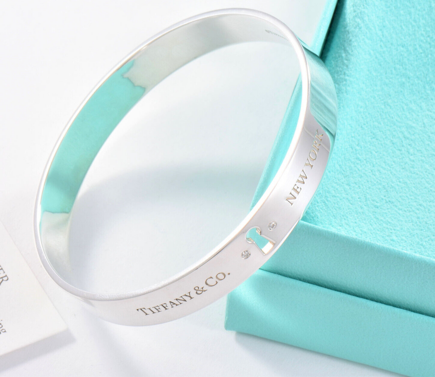 Tiffany & Co Diamond Silver Keyhole Lock Bangle Bracelet & Box Pouch Ribbon Rare