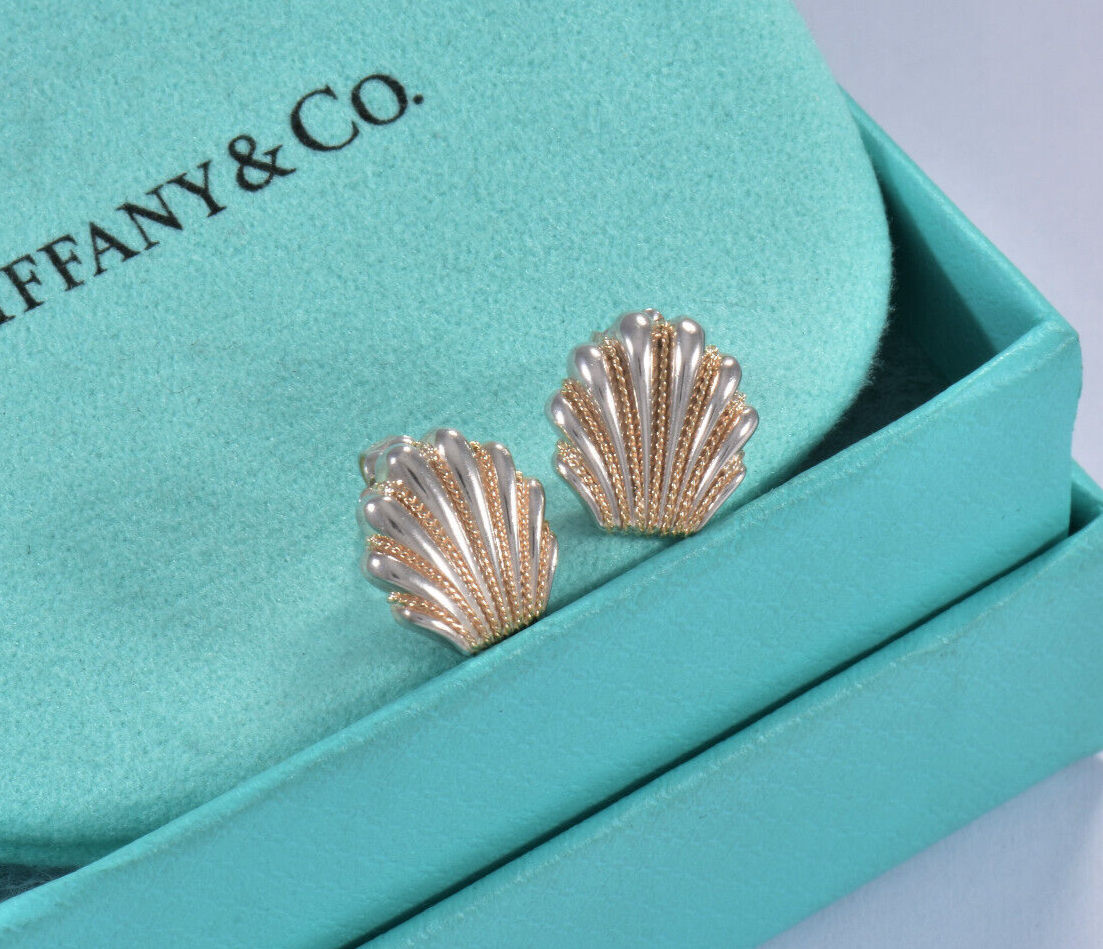 Vintage Tiffany & Co 14K Gold Silver Sea Shell Braid Swirl Earrings & Pouch Rare