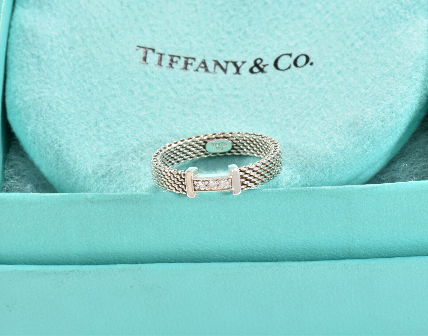 Size 6 Tiffany & Co 3 Diamond Silver Somerset Mesh Narrow Band Ring in Box Pouch