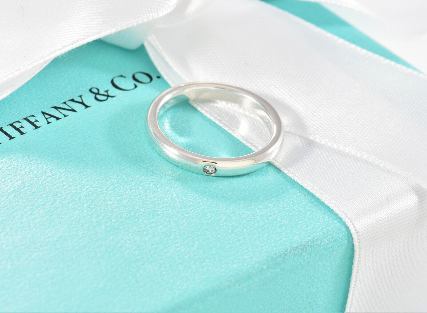 Size 5 Tiffany & Co Sterling Silver Elsa Peretti Diamond Stack Ring in Box Pouch