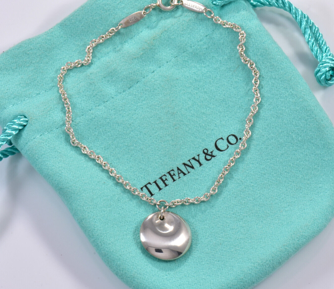 7.5" Tiffany & Co Silver Elsa Peretti Disk Charm Chain Bracelet in Pouch Rare