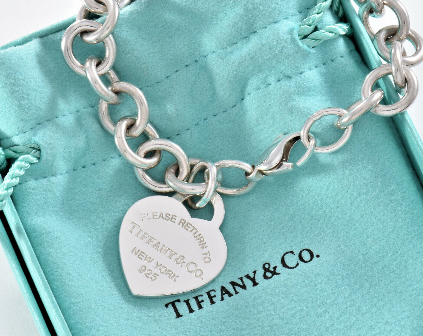 Please Return To Tiffany & Co Silver Blue Enamel Heart Chain Link 7.5" Bracelet