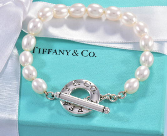 8" Tiffany & Co Sterling Silver 8mm Pearl Bead Toggle Charm Bracelet & Box Pouch