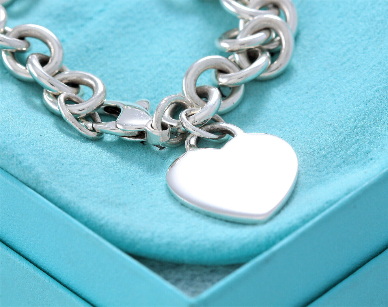 7.5" Tiffany & Co Silver Blank Engraveable Heart Tag Charm Bracelet Chain Link