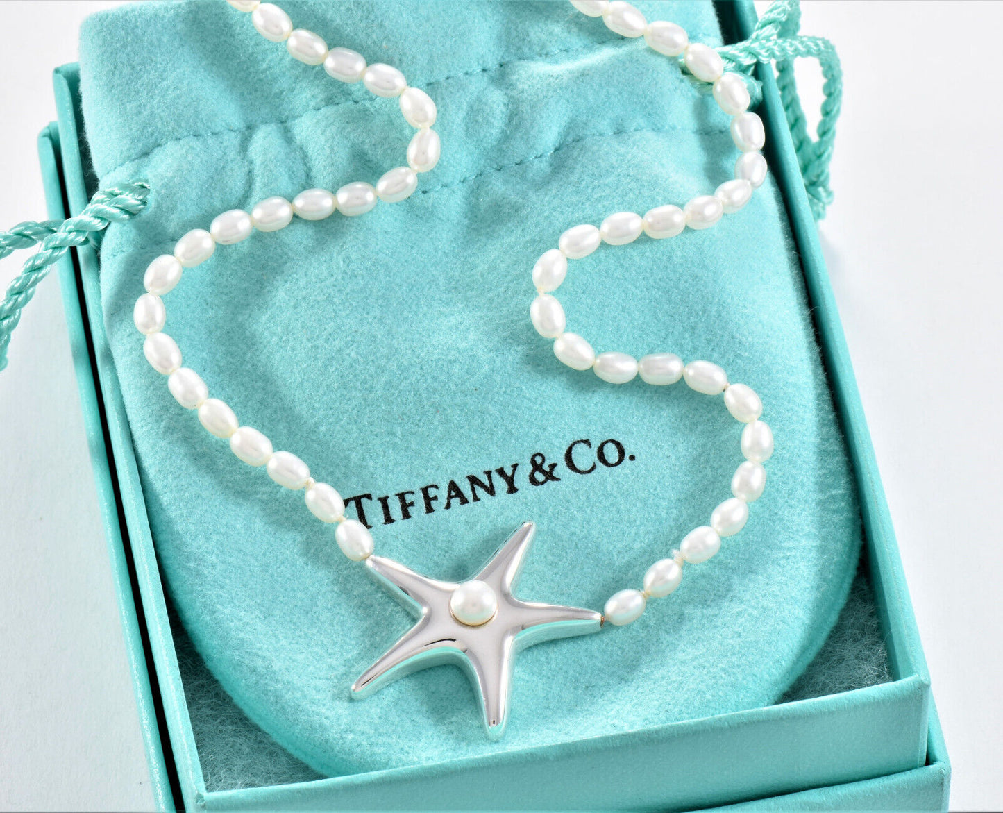 Vintage Tiffany & Co Sterling Silver Pearl Bead Starfish Pendant Necklace Pouch