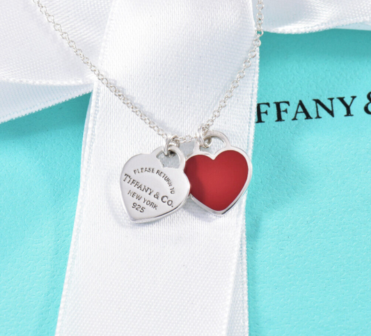 18.5" Please Return Tiffany & Co Silver Mini Double Heart Red Enamel Necklace