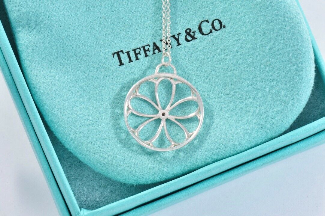 Tiffany & Co Silver Diamond Blossom Garden Flower Pendant 16.25" Necklace Pouch