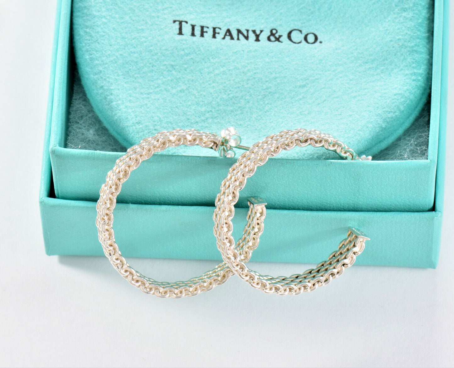 Tiffany & Co Sterling Silver Large 33mm Mesh Hoop Earrings in Box Narrow Rare