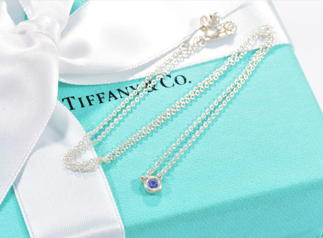 Tiffany & Co Silver Elsa Peretti Color By Yard Tanzanite 16" Necklace Box Pouch