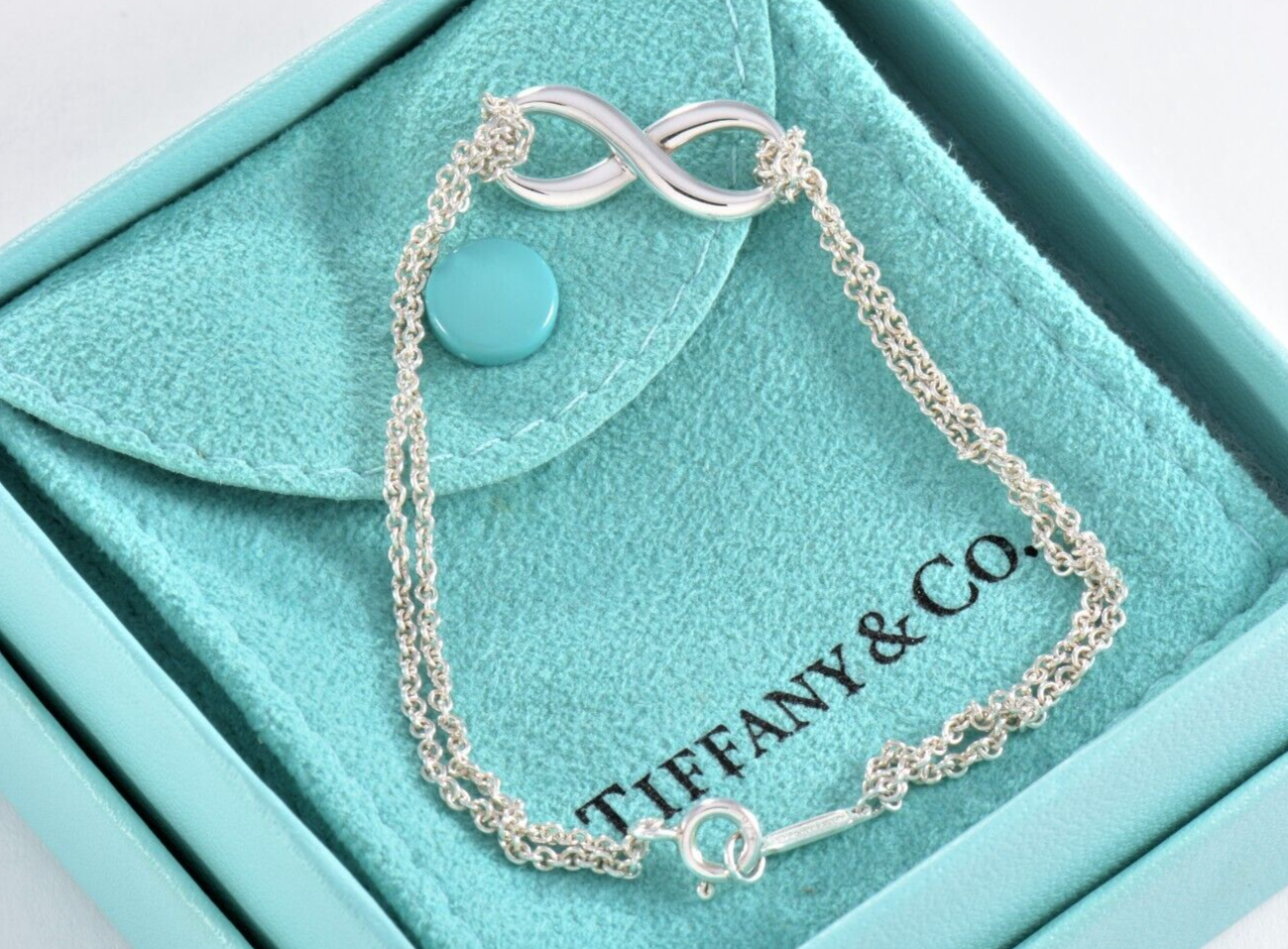 Tiffany & Co Sterling Silver Double Chain Infinity Bracelet 6.35" in Pouch Love