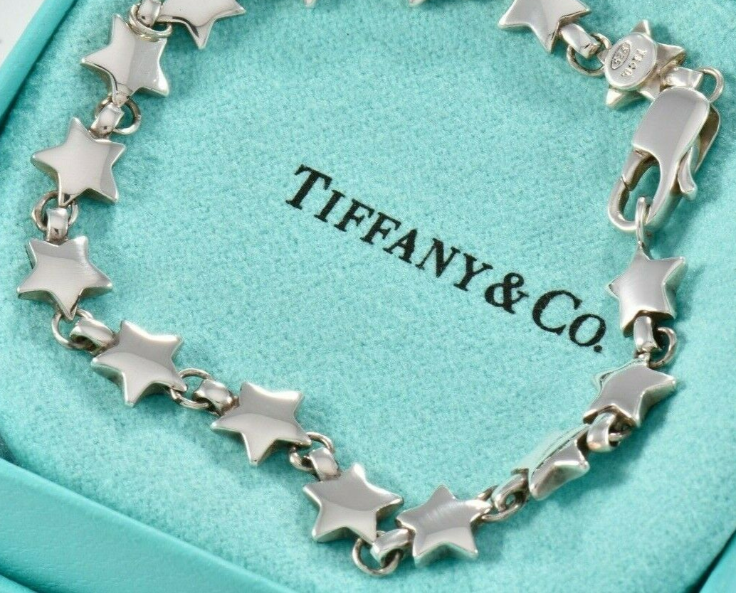 7.55 Vintage Tiffany & Co Sterling Silver Star Chain Link Bracelet in Pouch Rare