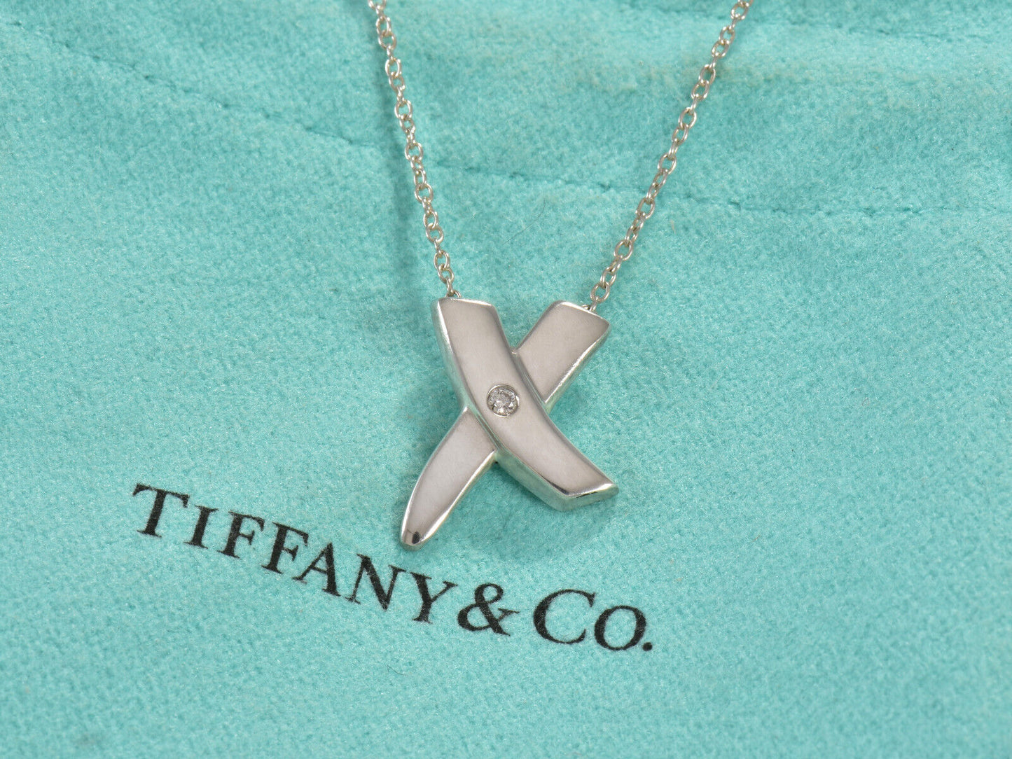 Tiffany & Co Diamond Silver Paloma Picasso 15mm X Pendant Necklace in Pouch Rare