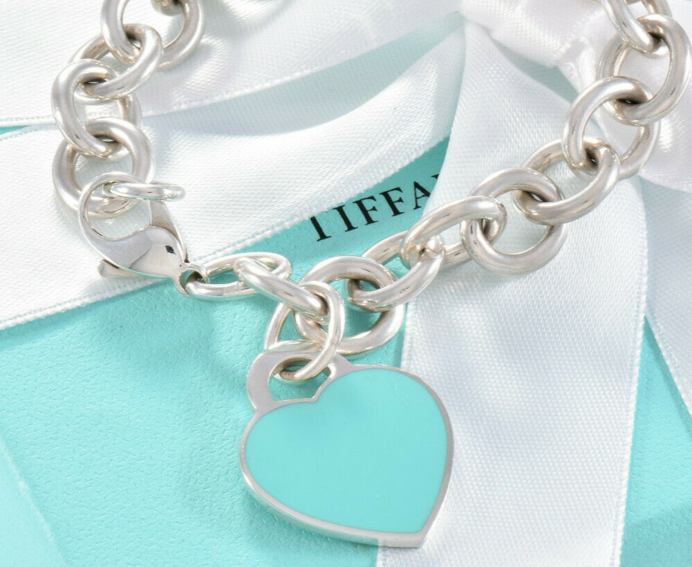 Please Return To Tiffany & Co Silver Blue Enamel Heart Chain Link 7.5" Bracelet